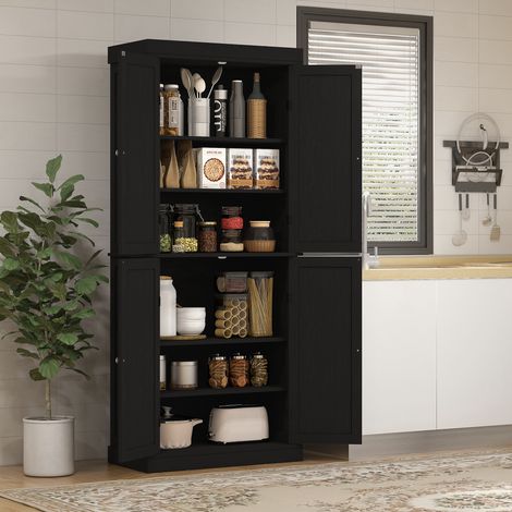 Mobile Cucina Alto con 6 Ripiani Regolabili e 4 Ante in Legno, 76x40.5x184 cm, Nero