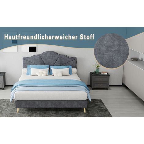 Lit 140/200 cm gris en tissu et métal avec tête de lit géométrique et matelas inclus (1/5)
