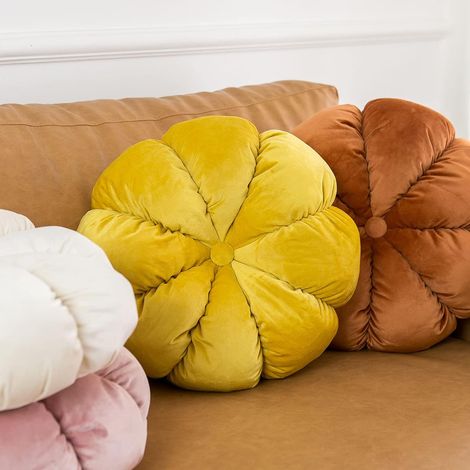 Coussin floral, coussin décoratif rond pour canapé, chambre, coussin de sol en forme de fleur (jaune, 40 cm) (1/4)