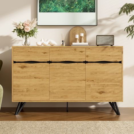 Buffet 3 portes aspect bois avec pieds en métal – Design moderne, beaucoup d'espace de rangement, Convient pour le salon, la salle à manger, Naturel (1/5)