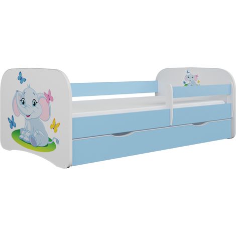 Lit enfant bleu petit éléphant avec sommiers et barrière de sécurité amovible Drimy-70x140 (1/5)