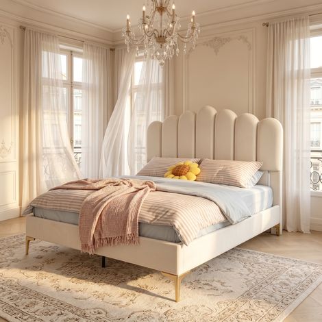 Letto matrimoniale 140x200 cm in velluto con testiera regolabile, struttura robusta, design moderno