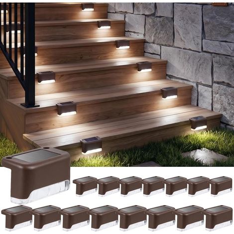 Lampes Solaires d’Escalier Extérieur, Lot 16 Marron Lumiere Blanc Froid, Étanches LED Éclairage Idéales pour Marches Clôture Cour Allée (1/5)