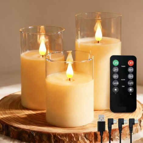 Bougies LED sans flamme - Lot de 3 - Cire véritable et verre blanc - Télécommande et minuterie - Décoration intérieure élégante - Hauteur 10 cm (1/5)