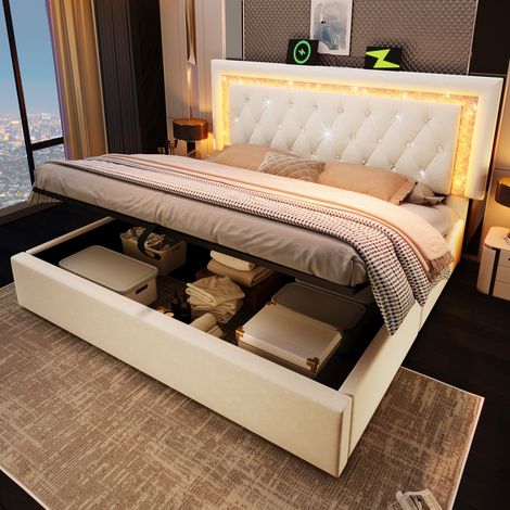 Bett mit Bettkasten 140x200 cm aus beigem Samt, LED, USB- und Type-C-Ladestation HAVRYA (1/5)