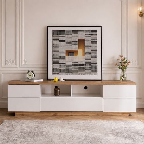 Meuble TV avec Rangement, 5 Portes et 8 Compartiments, Meuble TV Bas, Design élégant et Moderne, 180x38x46cm, Blanc et Bois (1/5)
