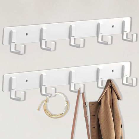 Juego de 2 percheros metálicos de pared con 5 ganchos - Perchero de pared para baño - 2 piezas (blanco)