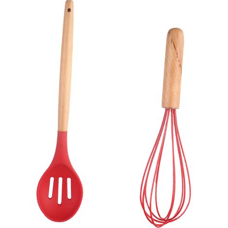Juego de 2 utensilios de cocina con mangos redondos de madera, antiadherentes, resistentes al calor, libres de BPA y aptos para lavavajillas. (1/5)