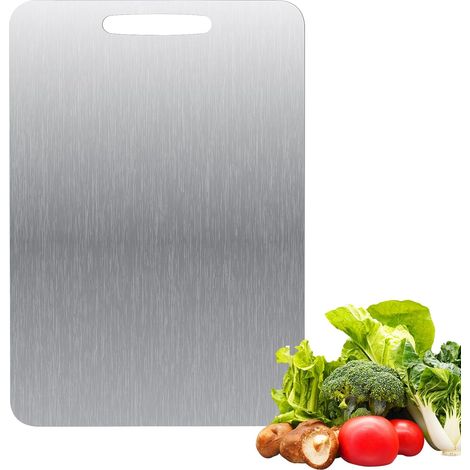 Planche à découper en titane - En acier inoxydable des deux côtés - Sans BPA - Pour la cuisine, la viande, les légumes, les fruits (34 x 23 cm) (1/5)