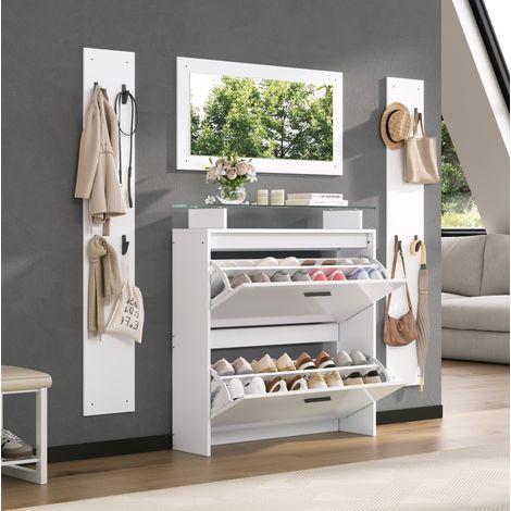 4-teiliges Garderobenset 89.5x23x96.5 cm weiß aus Spanplatte mit Spiegel, 8 Haken und Schuhschrank (1/5)