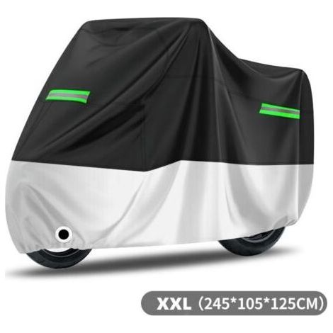 Housse de Protection Imperméable pour Moto Couverture Oxford Résistant aux Poussière Pluie Neige UV Vent Soleil Déjections d'oiseaux, 245x105x125cm Noir+Argent,Bandes réfléchissantes vertes-Chrom (1/5)
