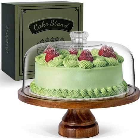 1 Présentoir à Gâteau, Base Bois d'Acacia, Dôme Acrylique Transparent, Support Pâtisserie Cuisine (1/5)