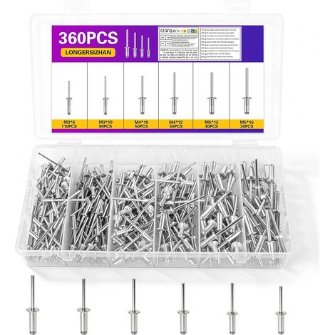 360Pcs Assortiment Rivets Pop M3 M4 M5, Aveugles Aluminium (1/5)