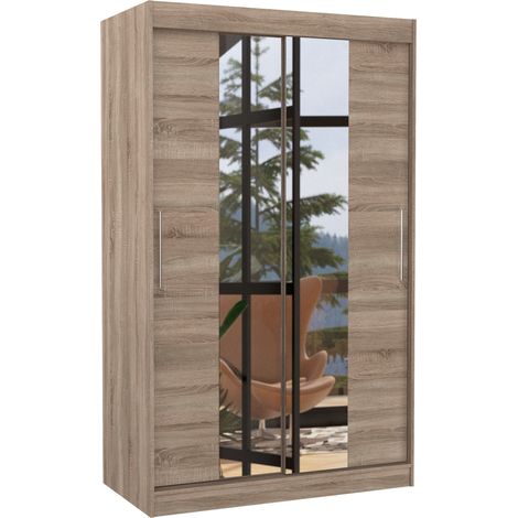 Petite armoire de chambre 2 portes coulissantes bois truffe et miroir Tinko 120cm (1/4)