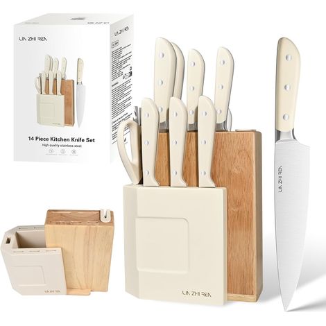 Knife Set with Block, 14 Piece Kitchen Knives for Chopping, Slicing, Dicing, Carving and Peeling, White (1/5)