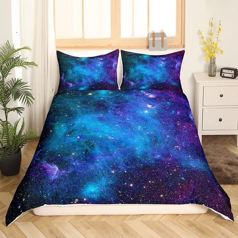 Parure de lit pour femme, adolescent, garçon, motif univers, thème spatial, avec ciel étoilé imprimé, housse de couette, motif : nébuleuse, galaxie, bleu violet, 155 x 220 cm (1/5)
