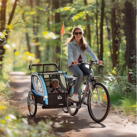 Remolque infantil para bicicleta (142x75x101 cm), 2 en 1, con arnés de 5 puntos, metal y poliéster azul (1/5)