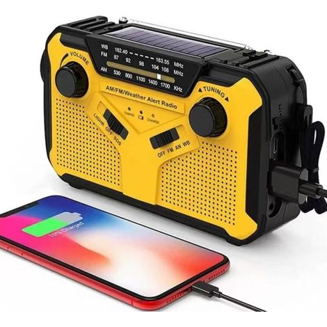 Radio solaire portable à manivelle AM/FM, radio dynamo d'urgence, batterie aste 4000 mAh, torche LED, alarme SOS pour camp-jaune (1/4)