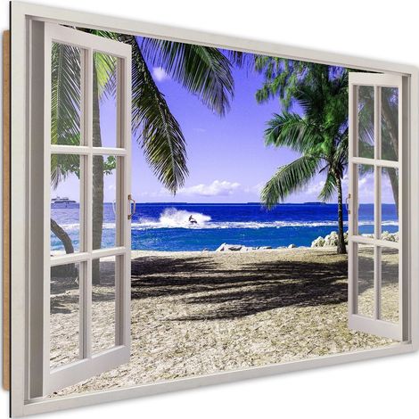 Tableau bois plage et palmiers - 90 x 60 cm (1/5)