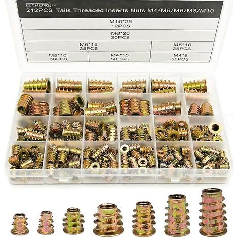 212 Pièces Insert Fileté Bois M4/M5/M6/M8/M10, Ecrou Inserts Filetés, Écrous Manchons à Visser Filetée Insert Ecrou Hexagonal pour Fixation et Connexion de Meubles en Bois, Acier au Carbone (1/5)