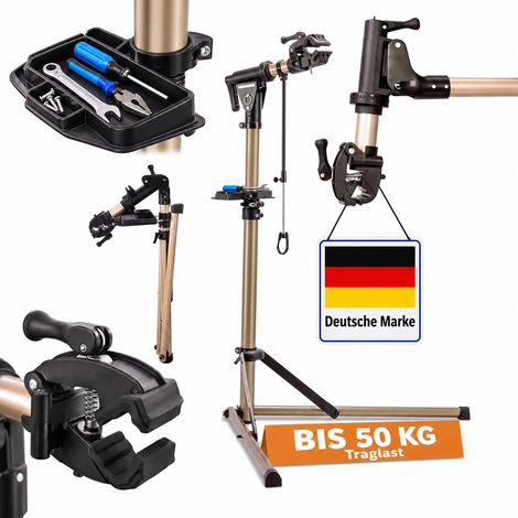 Relaxdays Fahrrad-Montageständer, 100-160 cm höhenverstellbar, für 35-85 mm Rahmen, Lenkerhalter, bis 50 kg, gold (1/5)
