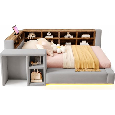Lit rembourré 90 x 200 cm, tête de lit capitonnée avec rangements, LED, prises intégrées, tablette et banc, gris clair pour chambre moderne - CHICFURN (1/5)