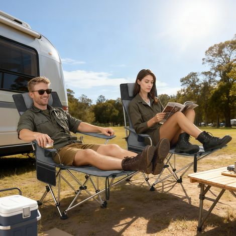 Lot de 2 chaises de camping pliante inclinable avec repose-pieds. sac de rangement. porte-gobelet et appui-tête. gris