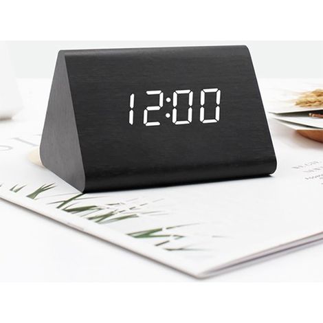 Réveil numérique LED avec affichage de l'heure, de la date, de la température et du calendrier - Bois noir, lumière blanche
