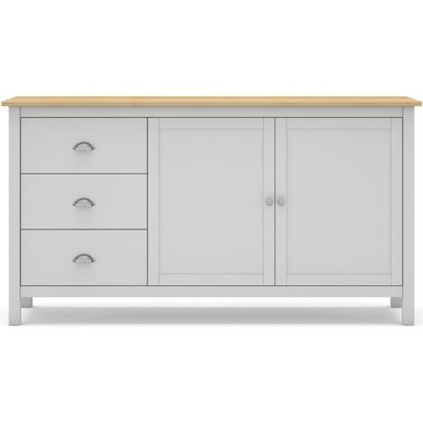 Aparador con 2 puertas y 3 cajones en madera maciza color verde blanco y roble Misti 150x40x80H (1/5)