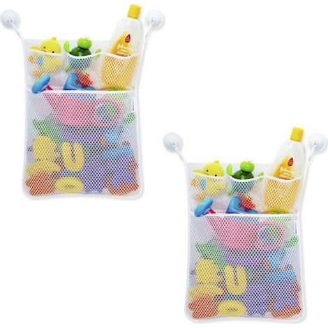 Sac filet de rangement pour salle de bain avec 4 crochets adhésifs robustes, range-jouets de bain avec éponge (1/4)