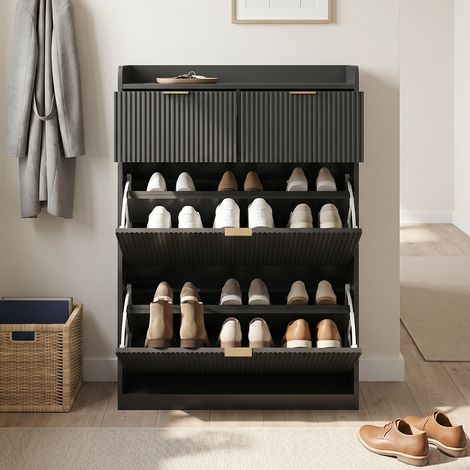 Schuhschrank aus Holz 80x24x110 cm, Flurmöbel, Schuhkipper mit 2 Schubladen und 2 Klappen, modernes skandinavisches Design, Schwarz