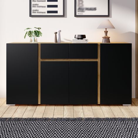 Credenza mobile soggiorno madia 140x35x70 cm in mdf stile moderno con 4 ante e 2 cassetti per salotto - nero e legno naturale (1/5)