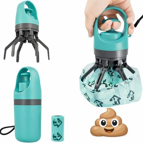 Ramasse-crottes pour chien - Pince à crottes portable - Accessoires pour promenades - 15 sacs - Portable et hygiénique - Pour chiens de petite et moyenne taille, chats et petits animaux - Bleu (1/5)