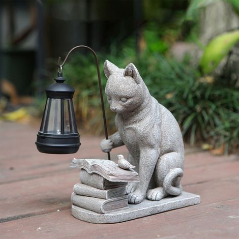 Décor de jardin en résine [Lanterne solaire chat] Statue de chat [patio] luminaire solaire [design pierre] (1/4)