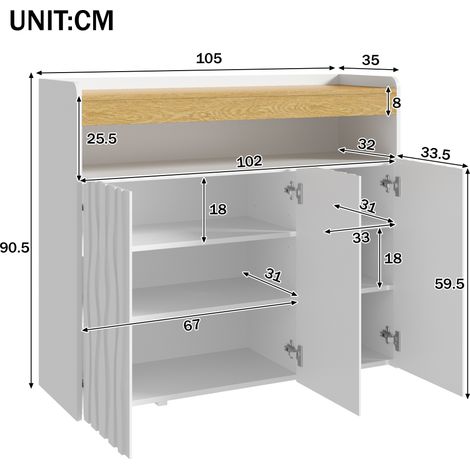Buffet/meuble à chaussures avec éclairage LED, 3 portes, motif ondulé, compartiment de rangement ouvert et étagères réglables, dimensions : L 105 × H 90,5 × P 35 cm (1/4)