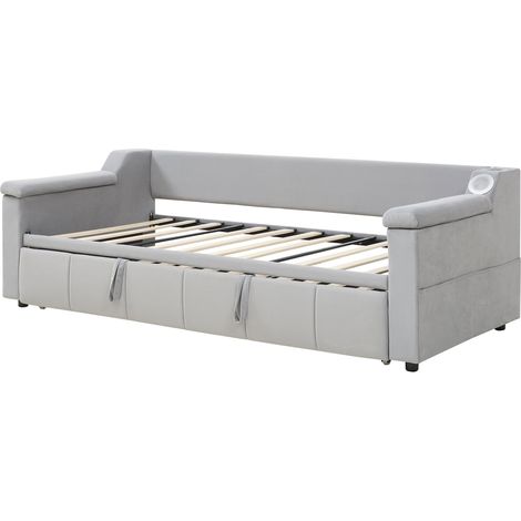 Canapé-lit capitonné 90x190 cm en velours gris clair avec Bluetooth, USB et rangements (1/5)