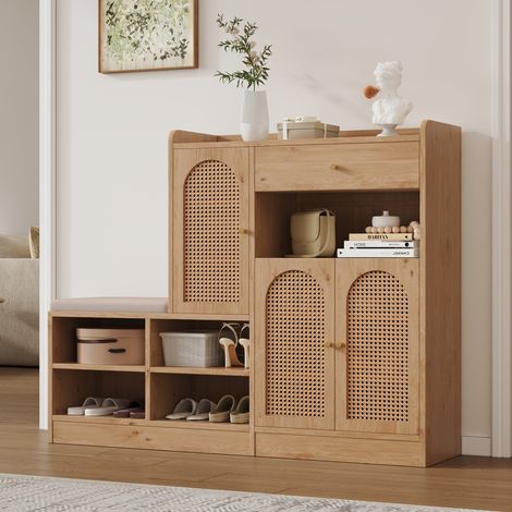 Meuble de rangement à chaussures avec banquette capitonnée, 3 portes en cannage naturel et 1 tiroir. Rangement multifonctionnel avec étagère pour entrée, finition imitation bois, dimensions : L 142 x  (1/5)