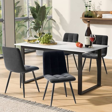 Ensemble repas 5 pièces 140180 x 80cm table extensible mdf blanc pieds noirs et 4 chaises velours gris (1/5)