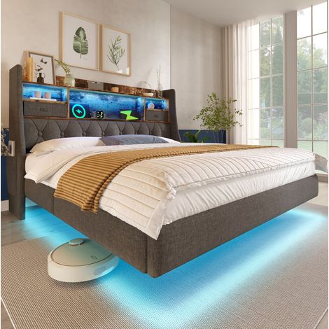 Letto adulti 160x200 cm con illuminazione LED, testiera con vano portaoggetti, 1 porta USB Type-C e 3 porte USB, piedini nascosti, lino, senza materasso, grigio (1/5)