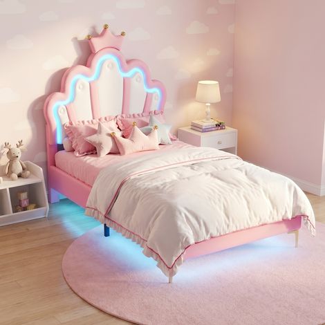 Lit enfant 90x200, Lit simple 90x190, éclairage LED et tête de lit réglable, style Princesse nuage, sommier à lattes, Rosa
