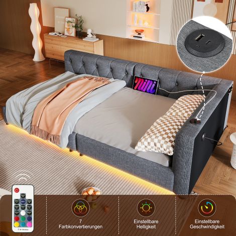 Sofá cama, cama individual 90x200 cm acolchada, cama infantil con iluminación LED, toma USB y base de látex, tejido de lino, gris, sin colchón (1/5)