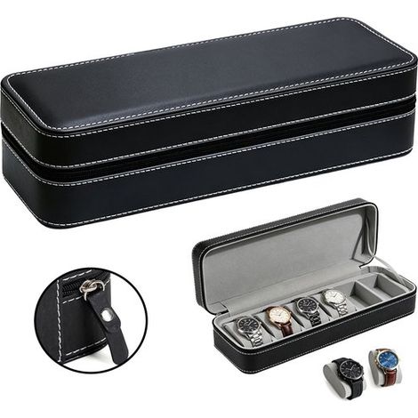Scatola porta orologi a 6 scomparti, organizer portatile da viaggio per gioielli con cerniera, espositore per orologi con coperchio, 36 x 9,5 x 14,5 cm. (1/5)