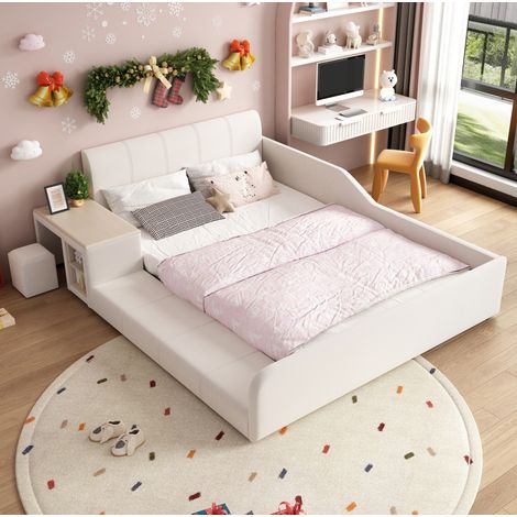 Letto imbottito per bambini 140x200 cm con scrivania, sgabello e ripiano, in velluto bianco, senza materasso (1/5)
