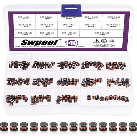 Lote de 140 inductores SMD, 14 valores, 2,2 UH - 680 UH, CD54 - Inductores de chip, 5,8 mm - 2,2 UH, 3,3 UH, 4,7 UH, 6,8 UH, 10 UH, 22 UH, 33 UH, 47 UH, 68 UH, 100 UH, 220 UH, 33 UH, 47 UH, 68 UH, 100 (1/5)