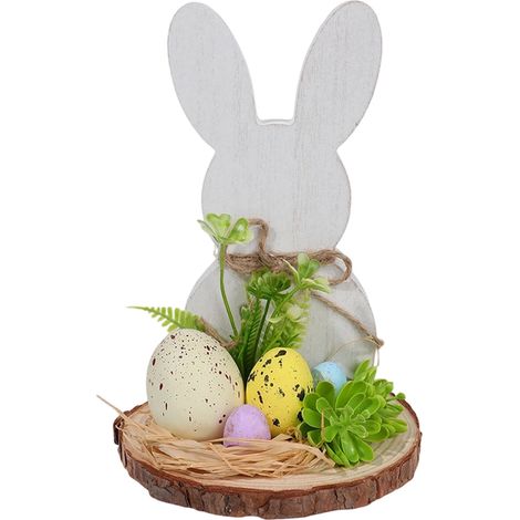 Ornement En Bois Forme De Lapin - Décoration De Pâques Et De Printemps - Ornement Floral Artificiel - Lot De 1 (1/5)