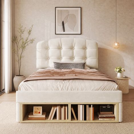 Letto 90x200 cm in velluto beige con cassetti per cameretta, senza materasso – MEUBLIV (1/5)