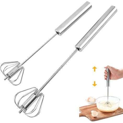 2 batidores de huevos. Batidor manual multifuncional semiautomático de acero inoxidable. Espumador de leche. Mezclador giratorio para utensilios de cocina (35,5 cm + 25,4 cm). (1/5)