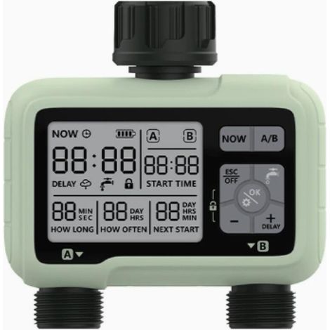 Minuterie Arrosage Automatique pour Jardin 2 Voies, Minuterie Irrigation 2 Sorties, Programmateur d'Arrosage Extérieur avec sécurité Enfant, Mode Automatique et Manuel, retardateur de Pluie (1/5)