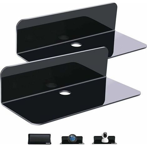 Set of 2 black extendable wall shelves without damage - dimensions of 22.9 cm - made of acrylic for smart speaker, action figures, camera, with 4 cable clips. (1/4)