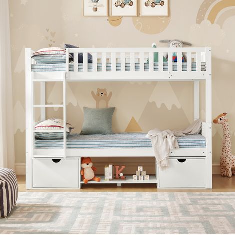 Kinder-Etagenbett Massivholz Weiß 90x200 cm, in 2 Einzelbetten teilbar, mit Sicherheitsgeländern und Schubladen